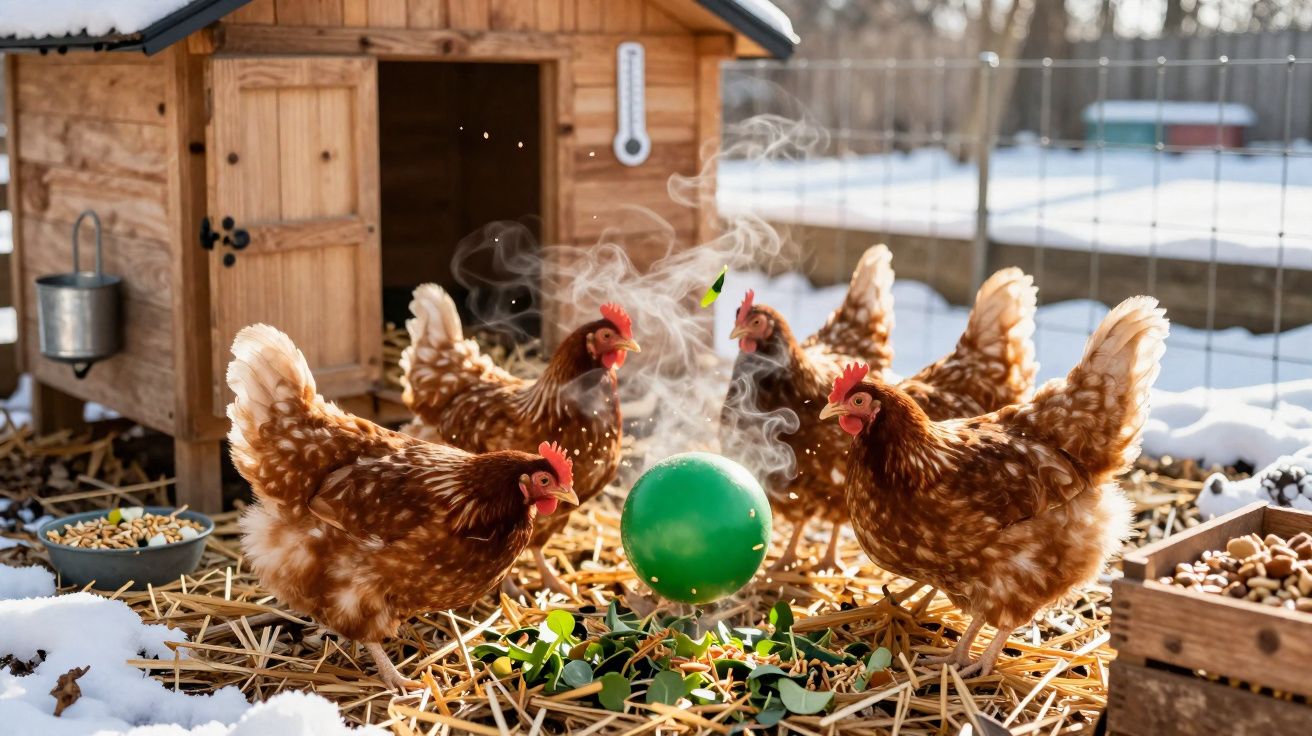 Galinha aquecendo-se em bola térmica verde dentro de área com neve e casinha de madeira.