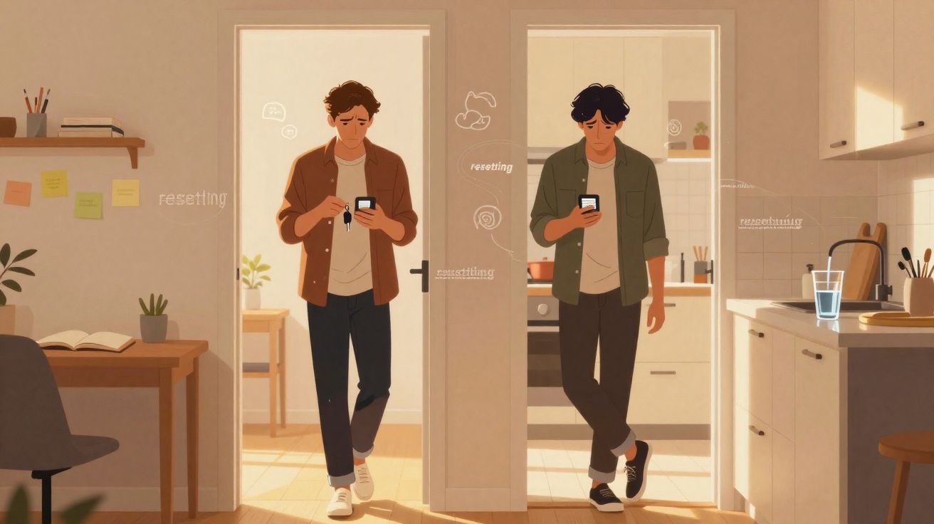 Dois jovens usando smartphones em um ambiente doméstico iluminado e aconchegante, com móveis simples.