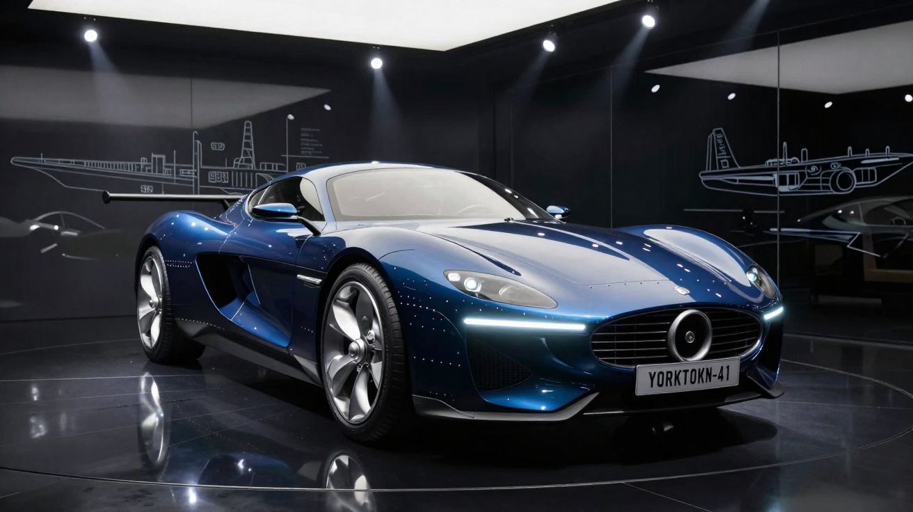 Carro esportivo azul metálico em exposição com fundo preto e desenhos técnicos de aeronaves.