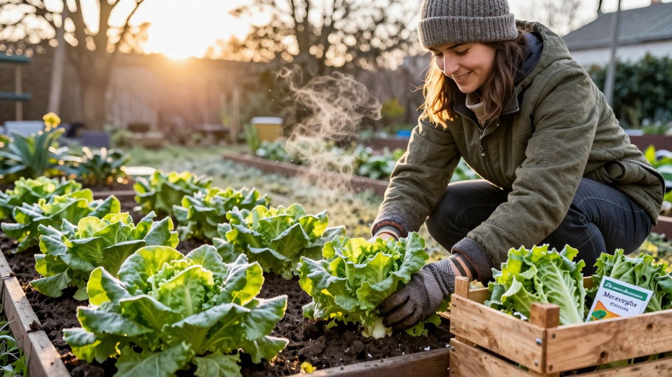 Mulher colhendo alface em uma horta ao ar livre durante o pôr do sol, vestindo roupas de inverno.
