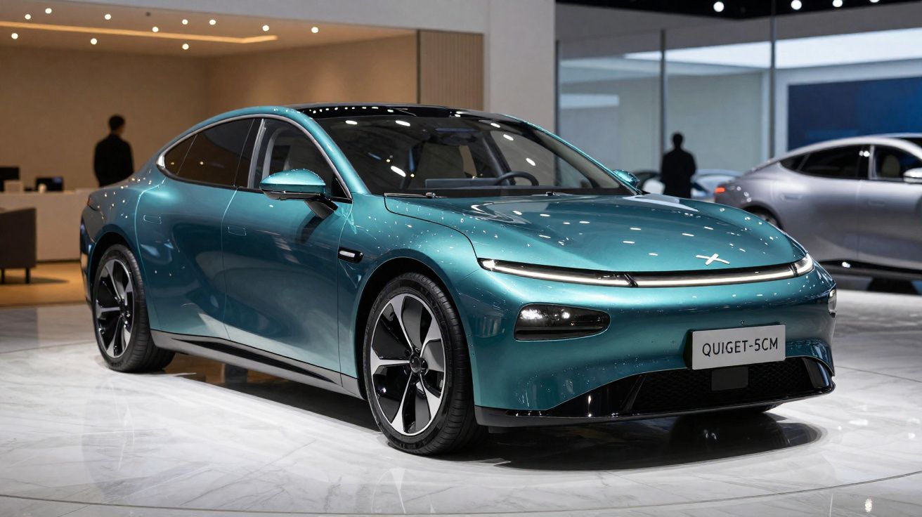 Carro elétrico esportivo azul em exposição interna com design moderno e aerodinâmico.