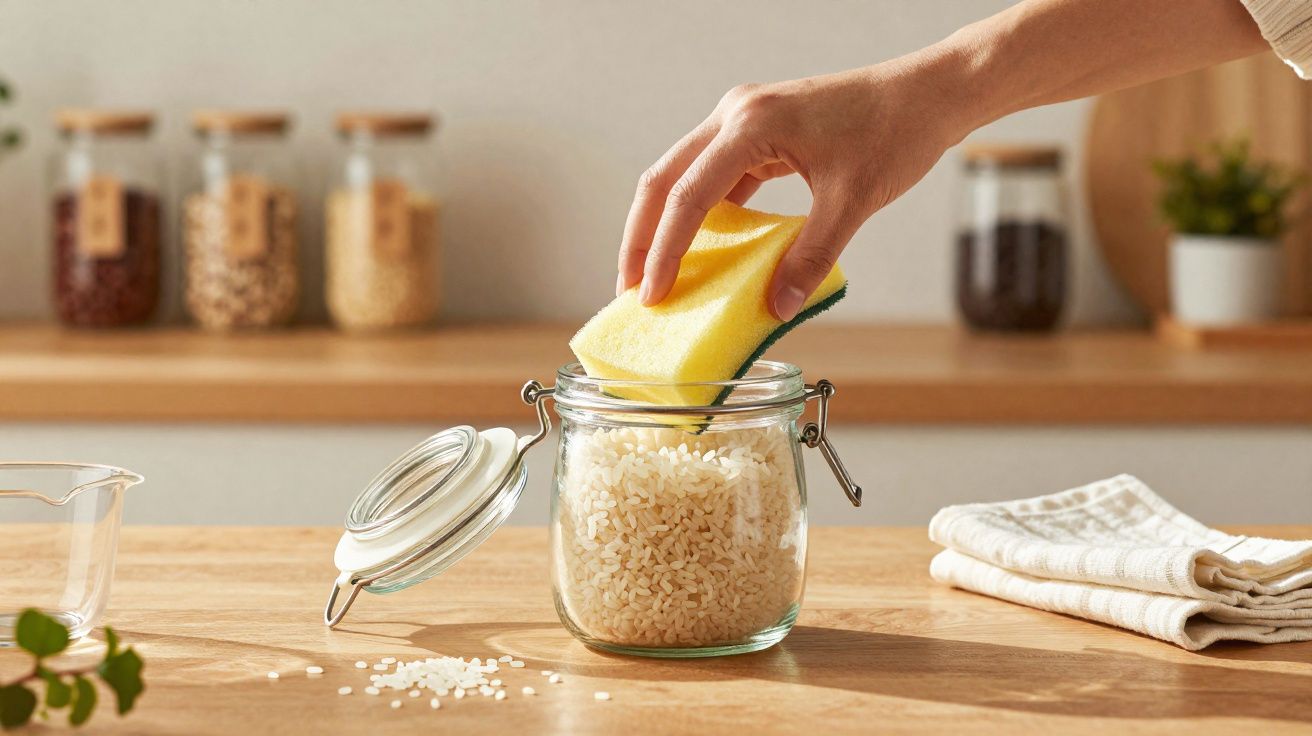 Pessoa colocando esponja de limpeza em pote de vidro com arroz em bancada de madeira clara.