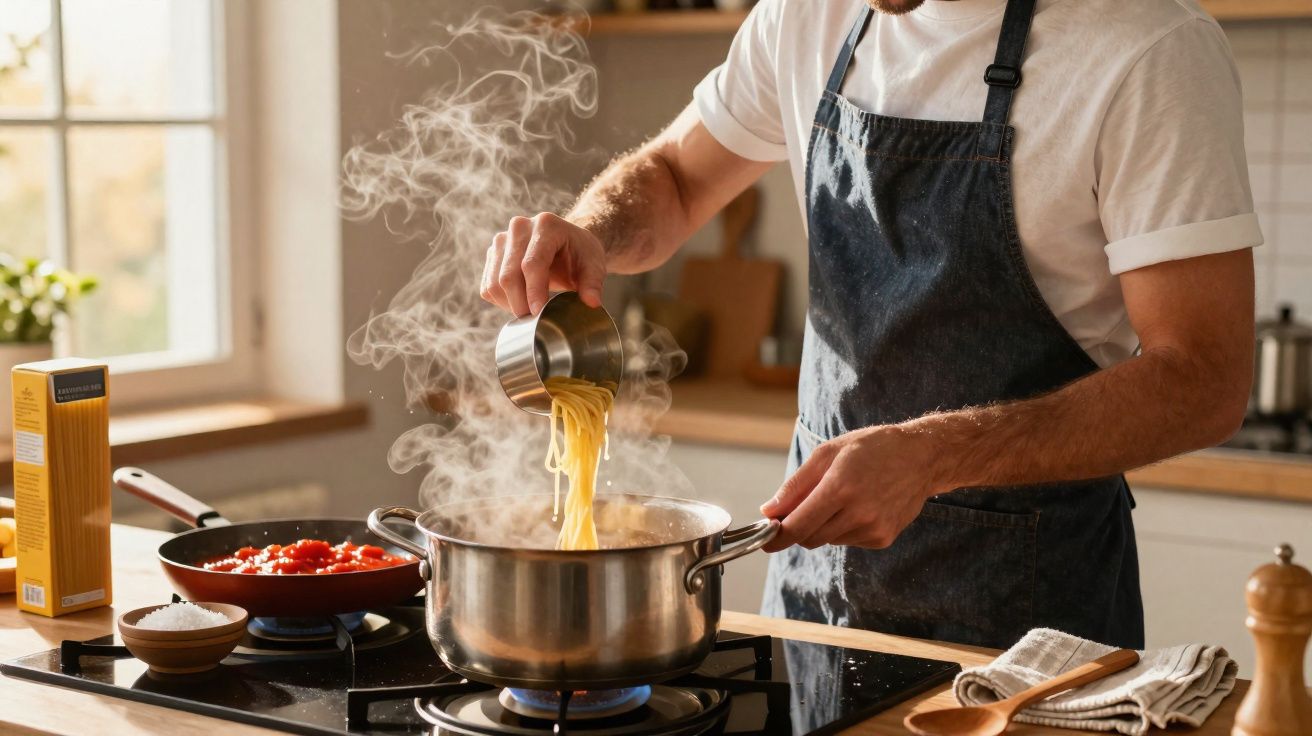 Homem cozinhando macarrão fresco em panela com vapor em cozinha iluminada perto da janela.