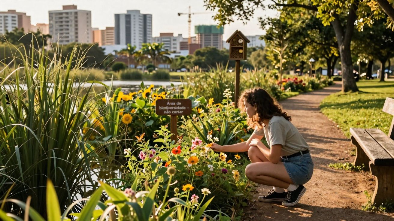 Mulher agachada observando flores em área de biodiversidade à beira de lago em parque urbano.