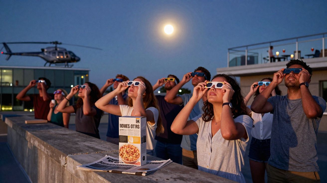 Grupo de pessoas em terraço olhando o céu noturno com óculos especiais durante eclipse lunar.