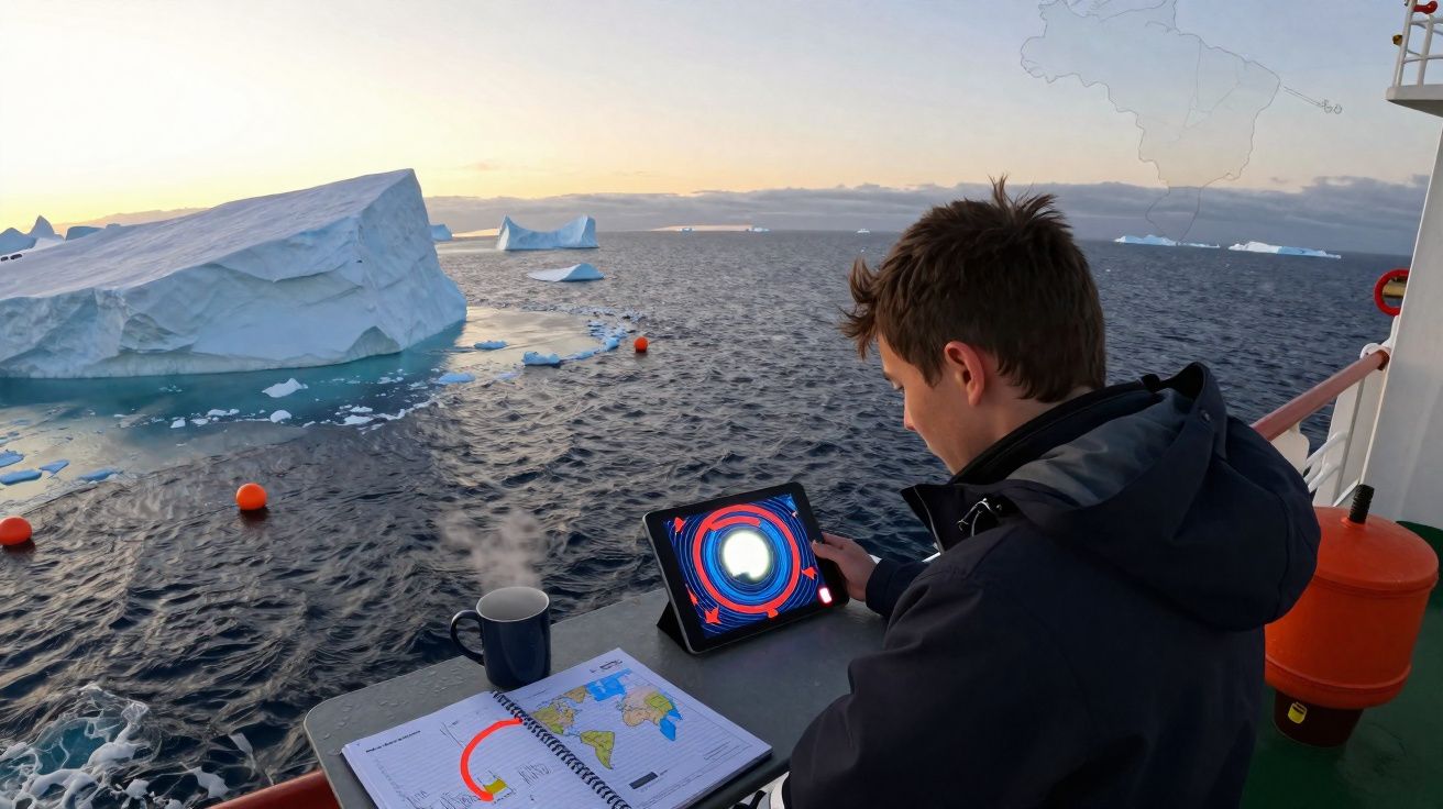 Pessoa usando tablet e livro de mapas em barco próximo a icebergues no oceano durante o pôr do sol.