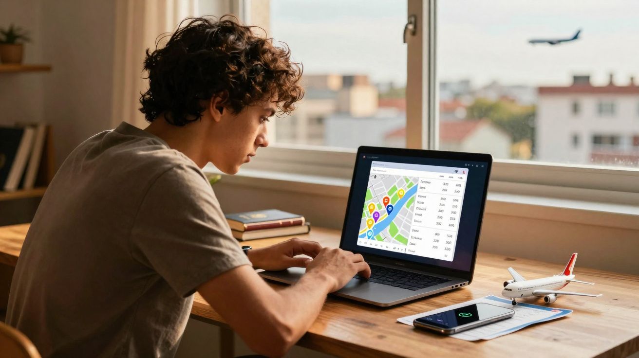 Jovem usando laptop com mapa aberto, sentado em mesa perto da janela com miniatura de avião e celular.