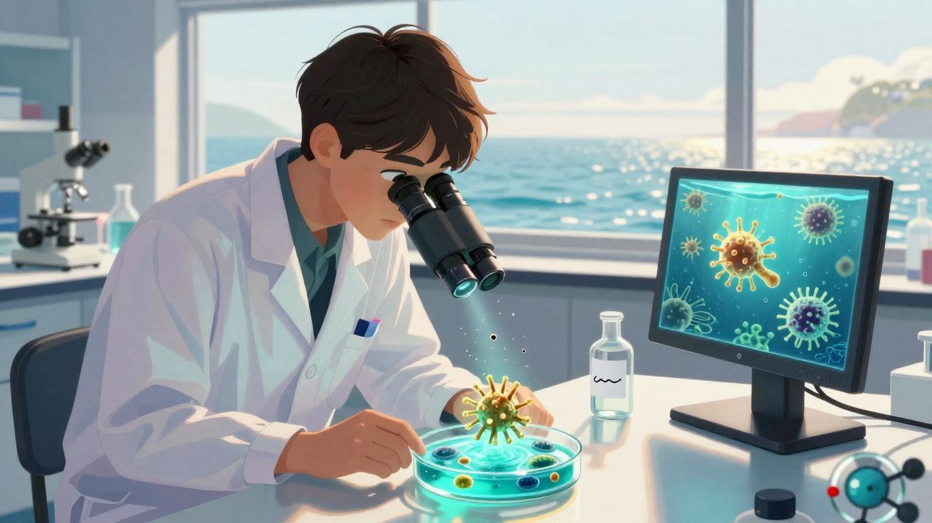 Pesquisador em laboratório observando vírus em uma lâmina com microscópio e monitor ao fundo.