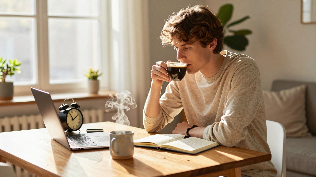 Jovem sentado à mesa bebendo café, com notebook, despertador, caderno aberto e xícara fumegante à frente.