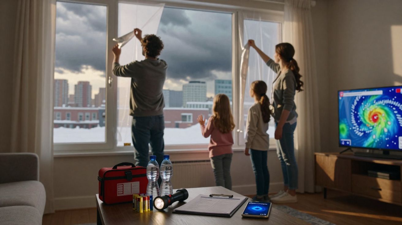 Família prepara janelas com fitas para tempestade enquanto monitoram alerta de furacão na TV.