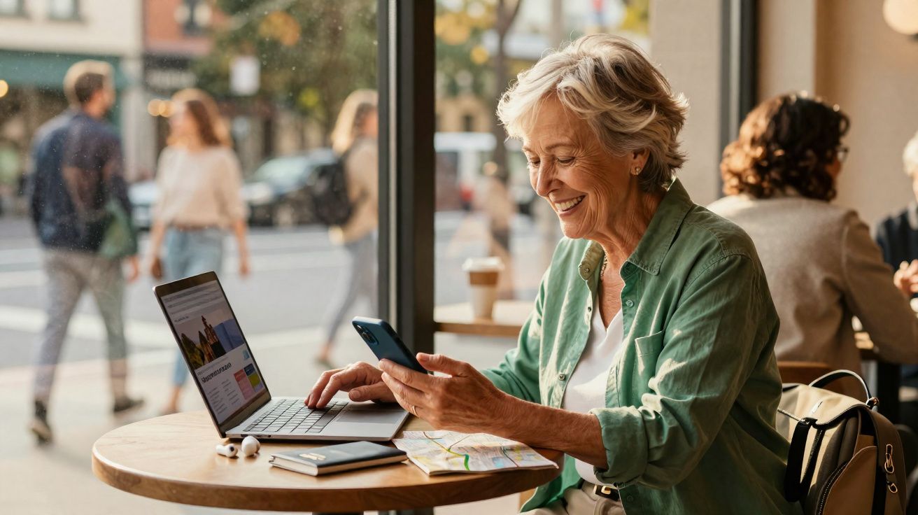 Mulher sorridente usando celular e laptop em cafeteria com janela para rua movimentada.