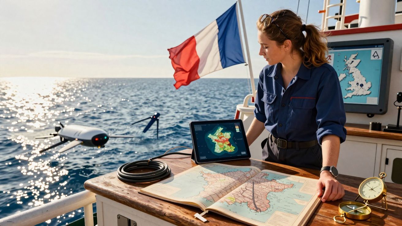 Mulher usando tablet e mapa em barco com bandeira da França e drone próximo ao mar.