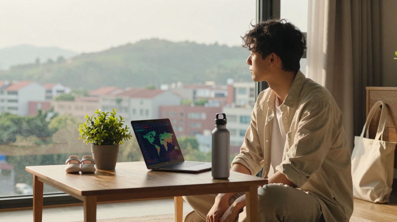Jovem sentado no chão de frente para a janela com laptop, garrafa e planta sobre a mesa de madeira.