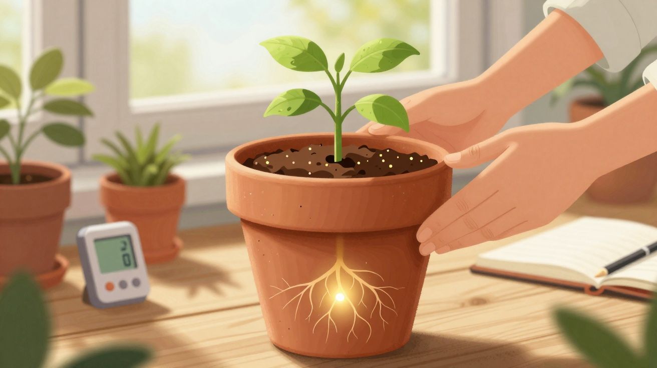 Mãos cuidando de muda em vaso com raízes iluminadas, plantas e livro em mesa perto da janela.