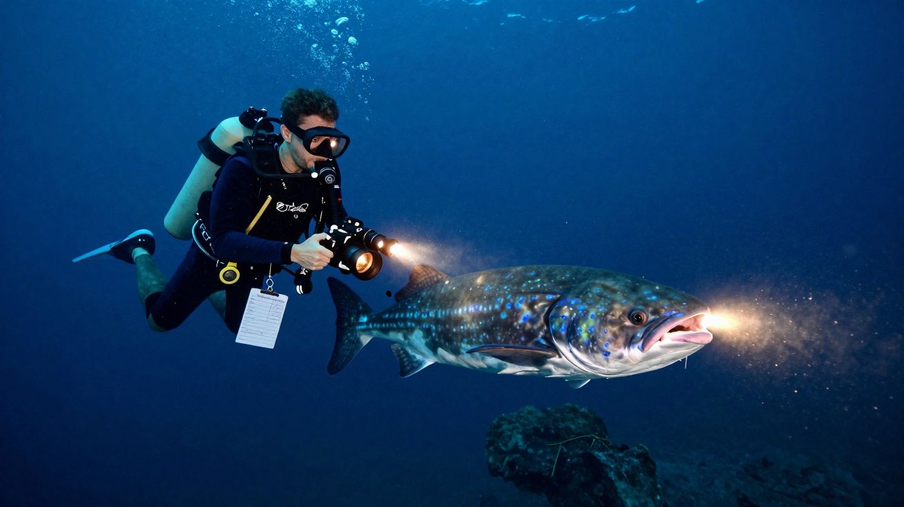 Mergulhador com câmera e lanterna subaquática fotografando peixe bioluminescente no mar profundo.