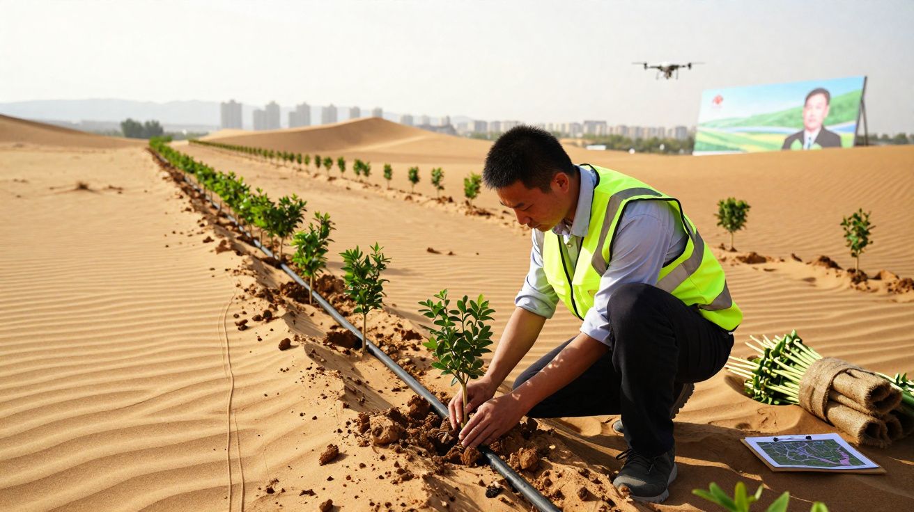 Homem planta mudas em área arenosa com sistema de irrigação e drone voando ao fundo.