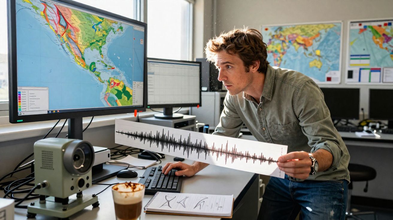 Homem analisa dados sísmicos e mapas em laboratório com vários monitores e equipamentos técnicos.
