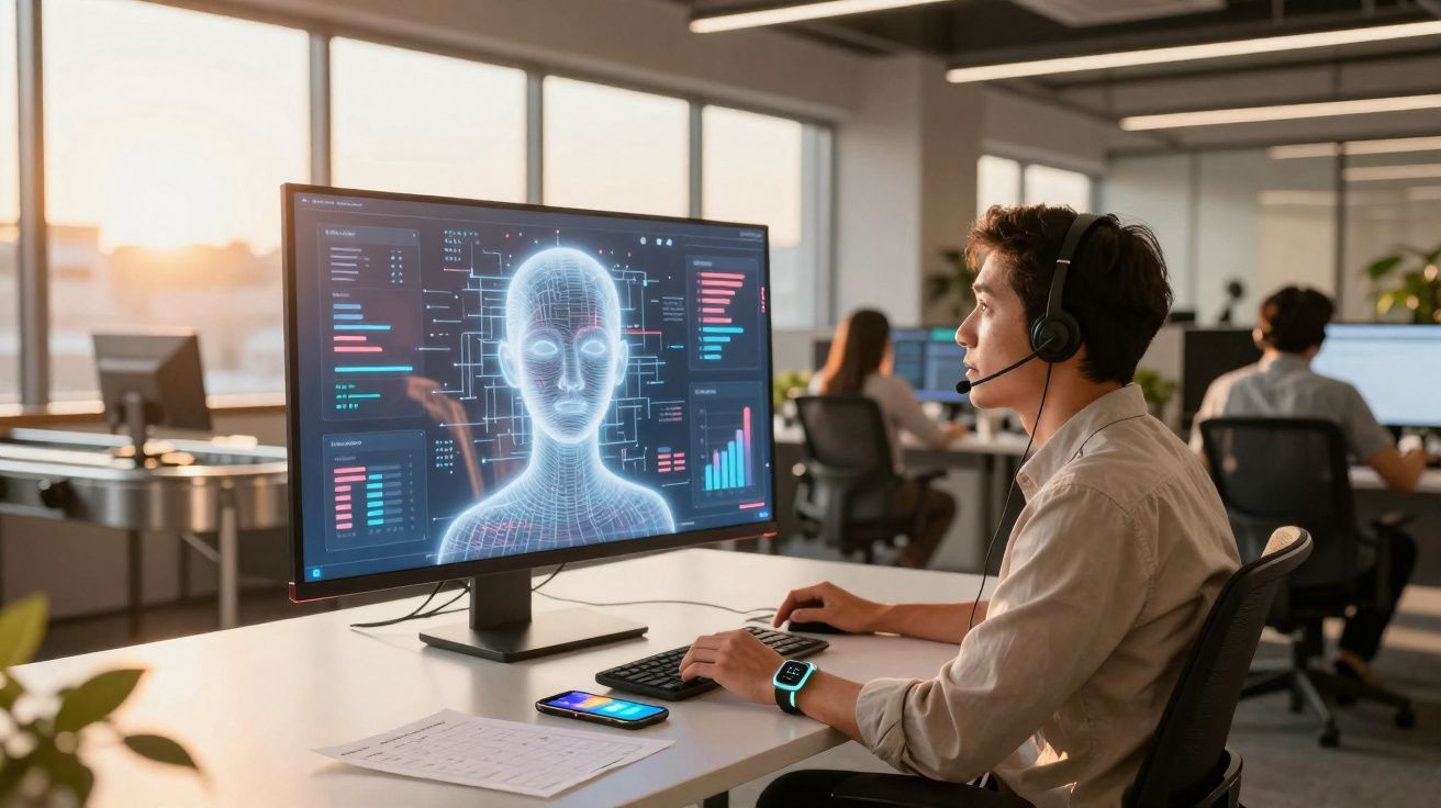 Homem com headset trabalha em computador com holograma de rosto humano e gráficos em escritório moderno.