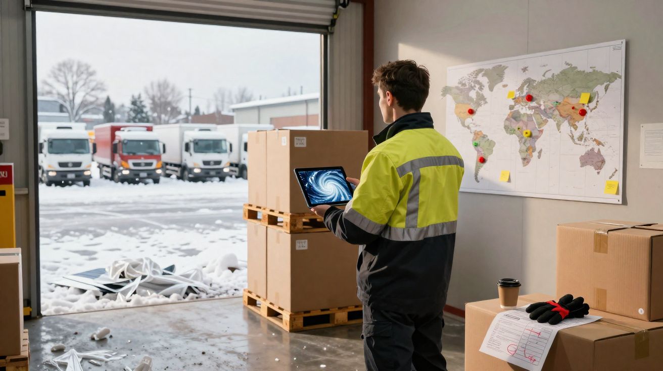 Homem de jaqueta refletiva com tablet em armazém ao lado de caixas e mapa mundo, caminhões e neve do lado de fora.