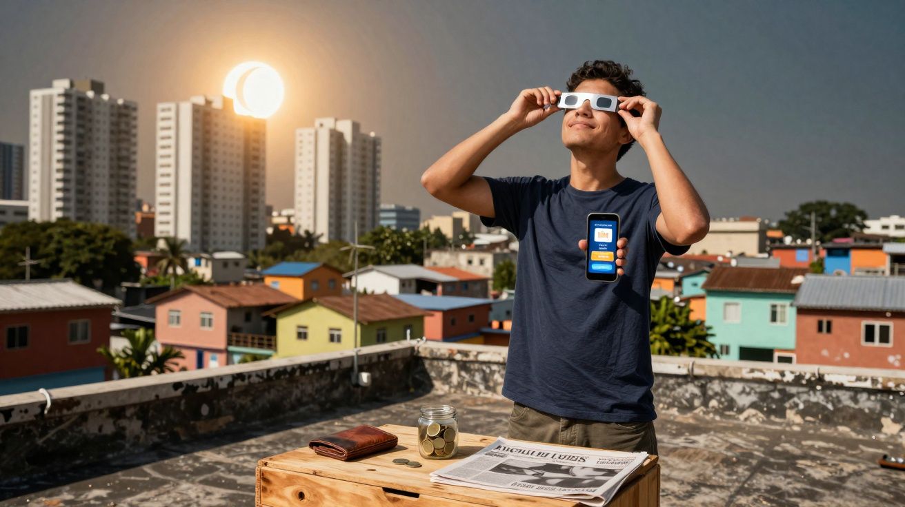 Homem em terraço com óculos especiais observa eclipse solar, segurando celular com aplicativo aberto.