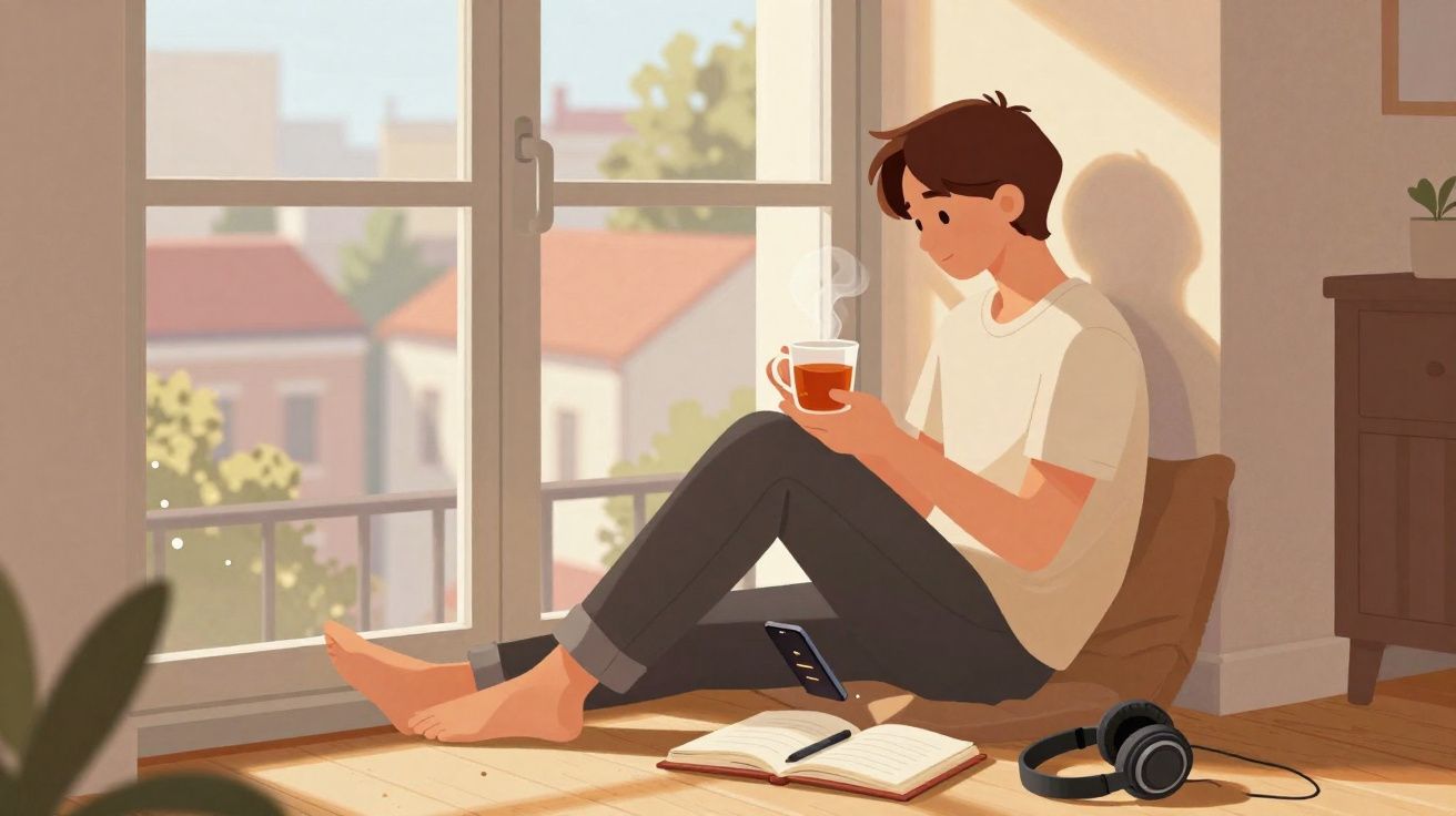 Jovem sentado no chão junto à janela com chá, caderno, fones e celular em um ambiente tranquilo e iluminado.