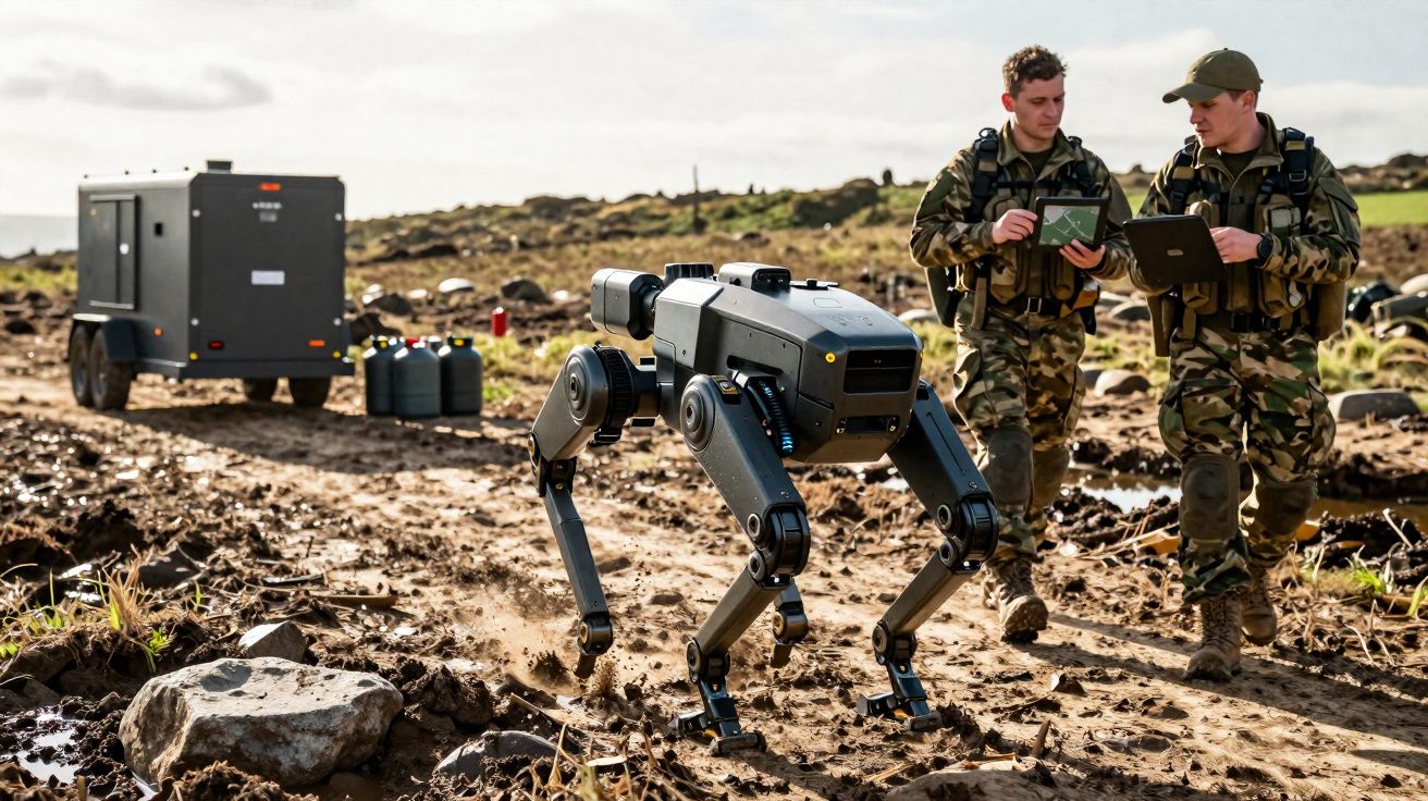 Robô quadrúpede preto patrulha terreno rochoso enquanto dois soldados com tablet em mãos observam.
