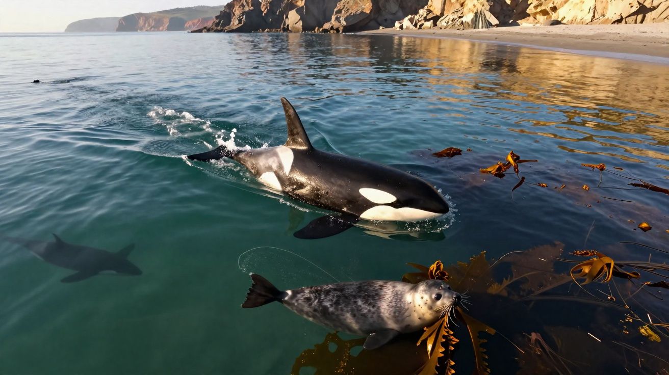 Orca e foca nadando perto da costa rochosa com algas marinhas na superfície da água.