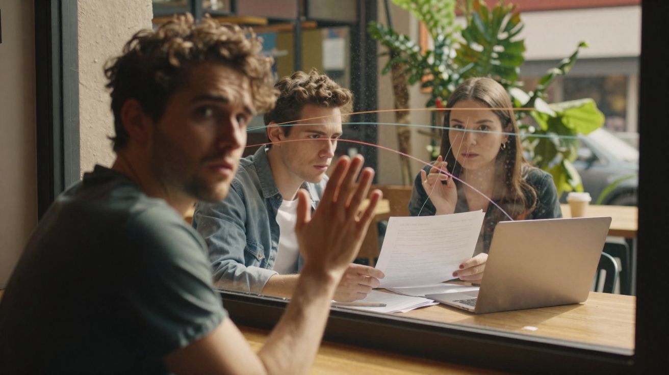 Homem olhando pela janela, enquanto duas pessoas discutem documentos em uma mesa com laptop.