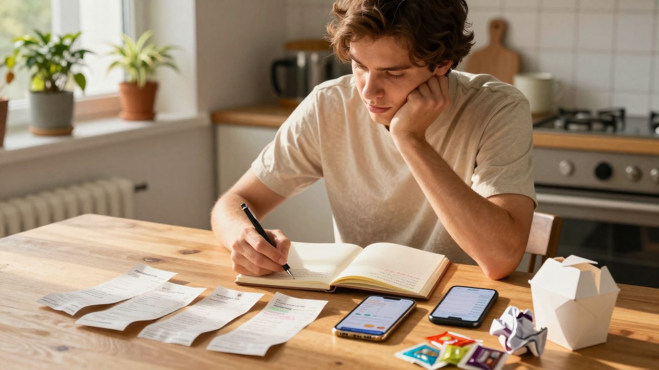 Jovem sentado à mesa escrevendo em caderno, com recibos, smartphones e embalagens na cozinha ao fundo.