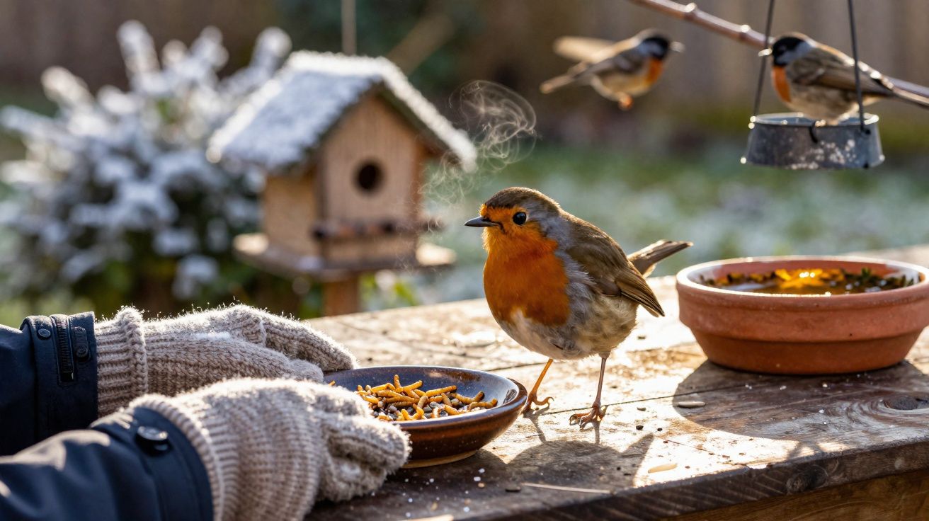 Pássaro com plumagem laranja sendo alimentado por mãos de luvas em mesa rústica ao ar livre.