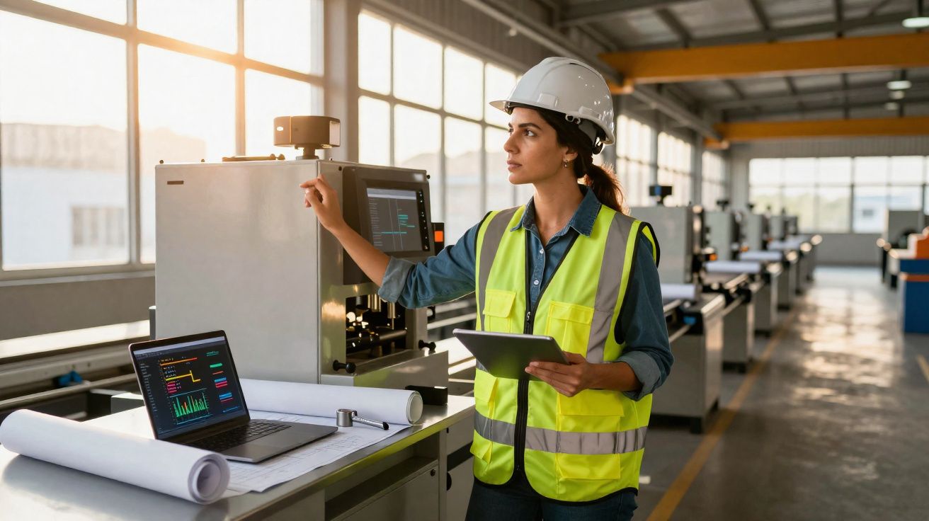 Mulher engenheira com capacete e colete, usando tablet e ajustando máquina em fábrica moderna.