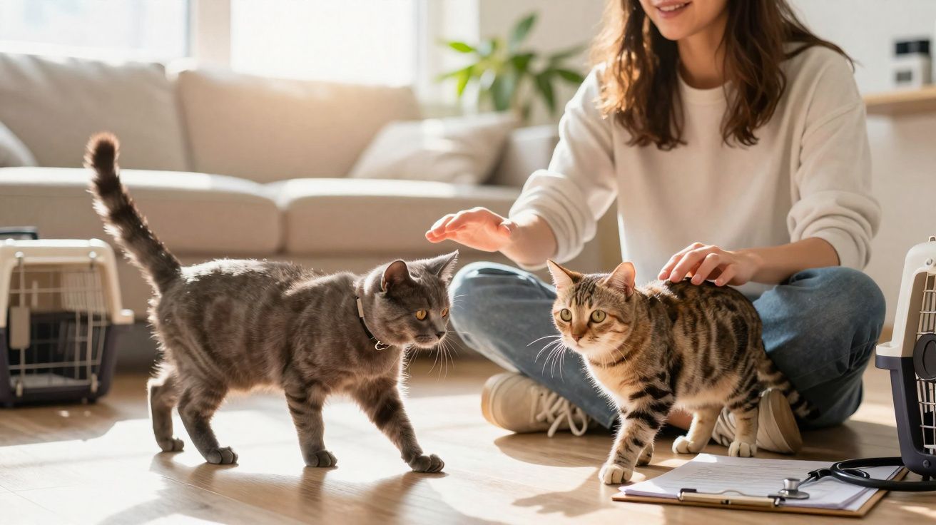 Mulher sentada no chão acariciando dois gatos em ambiente iluminado e aconchegante.