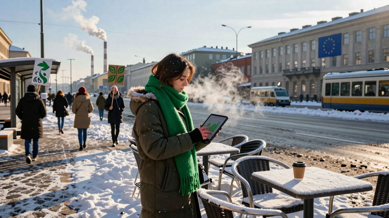 Mulher com cachecol verde usando tablet em rua nevada, pessoas protestam contra poluição no fundo.