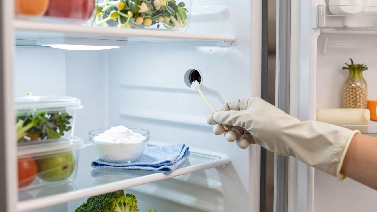Pessoa com luva limpa entrada de dreno interno de geladeira com haste longa de algodão.