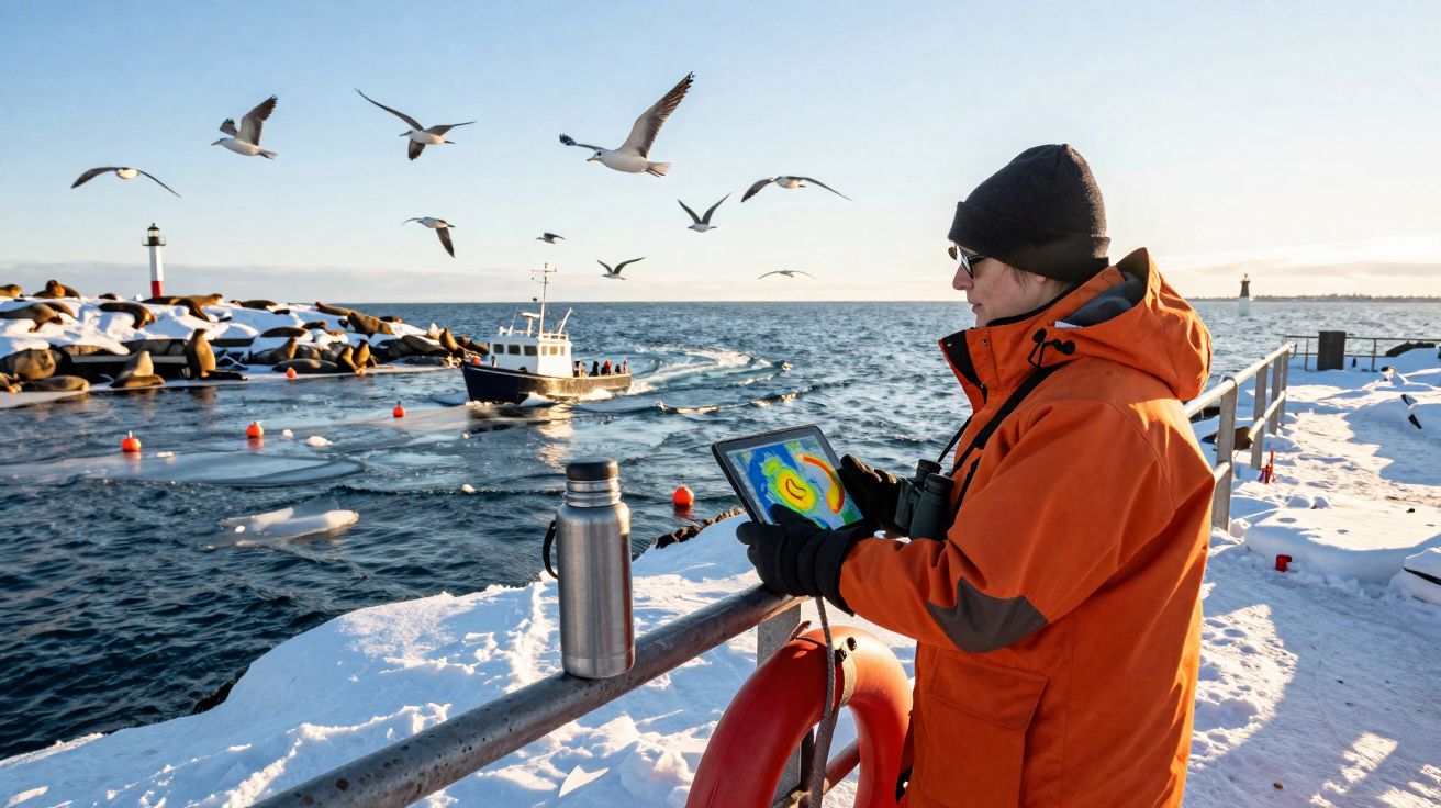 Homem com roupa de frio laranja usa tablet em pier coberto de neve próximo ao mar com gaivotas voando.