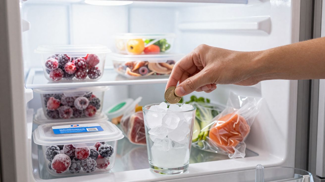 Geladeira aberta com frutas congeladas em potes e mão colocando moeda em copo com gelo.
