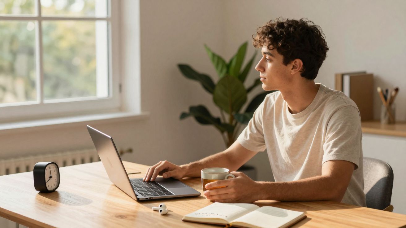 Jovem sentado à mesa com laptop, café, caderno aberto e olhando pela janela em ambiente iluminado e tranquilo.