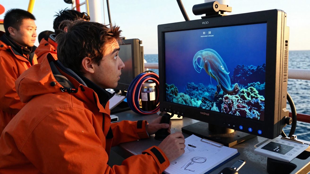 Jovens com jaquetas laranja observam imagem de criatura marinha em monitor no convés de um barco.