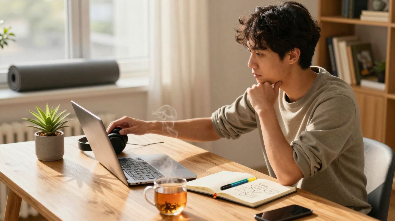 Jovem sentado à mesa com laptop, caderno, chá quente e fones de ouvido em ambiente iluminado.