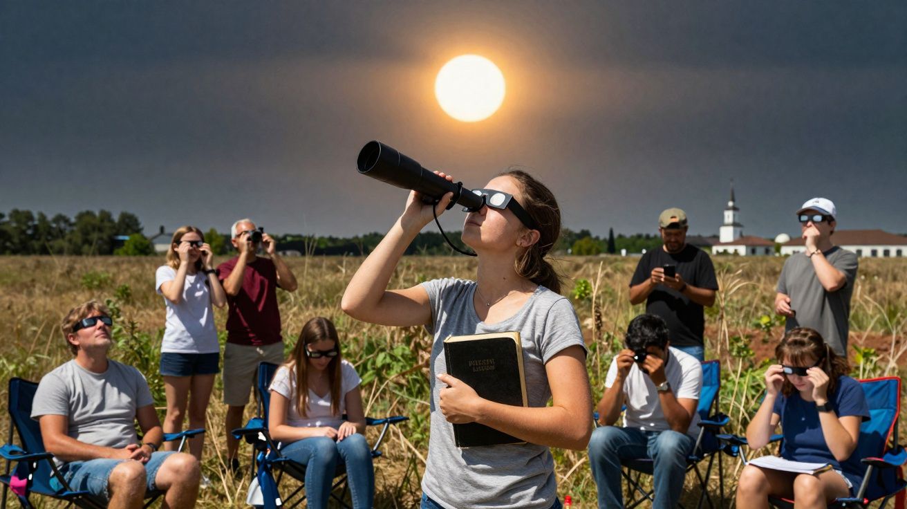 Grupo de pessoas observando eclipse solar com óculos especiais em campo aberto durante o dia.