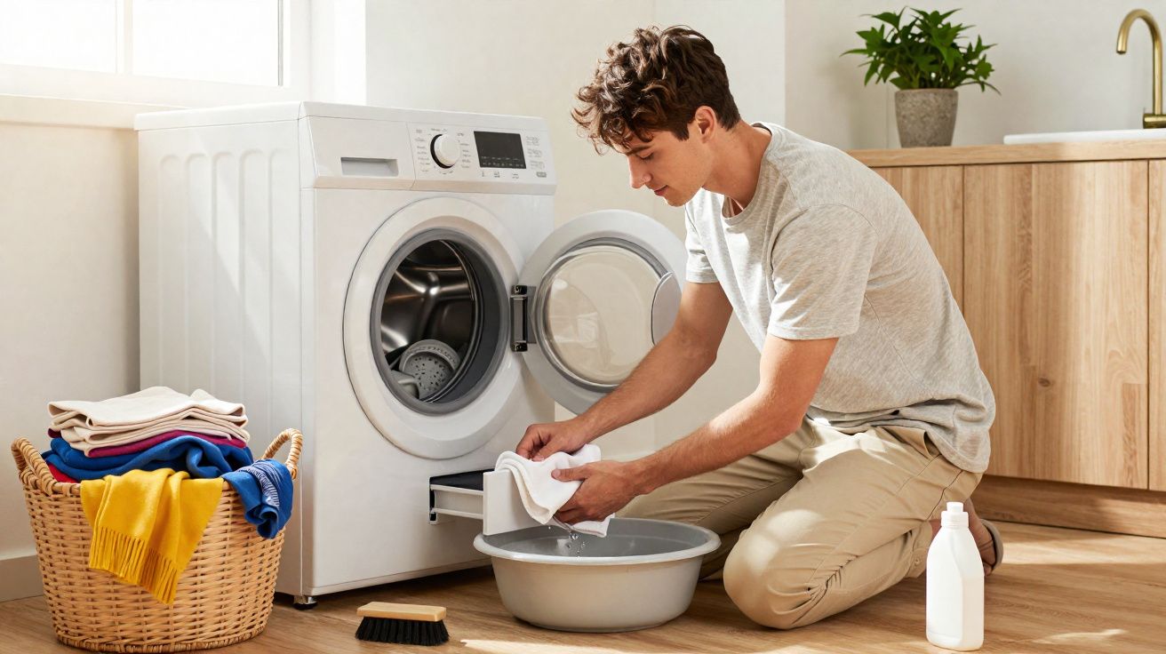 Homem agachado tirando roupa branca da máquina de lavar em lavanderia iluminada.