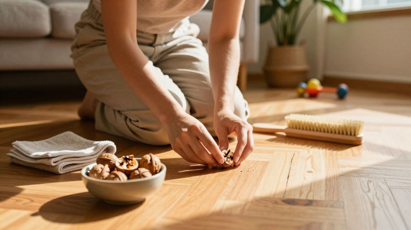 Pessoa sentada no chão descascando nozes em ambiente iluminado com tigela, toalhas e escova ao lado.