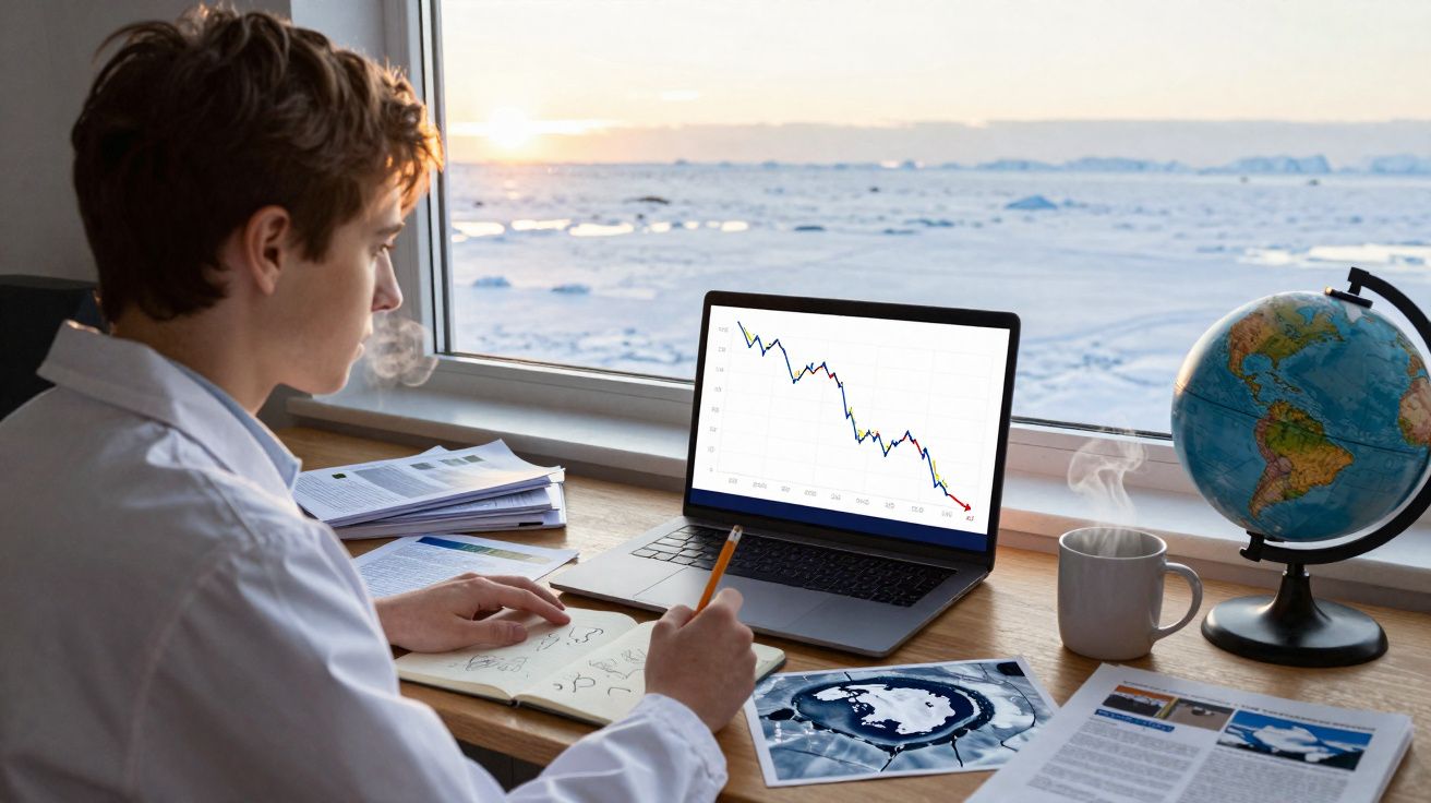 Pessoa analisando gráficos em laptop e anotando em caderno com globo terrestre e xícara ao lado, vista da janela.