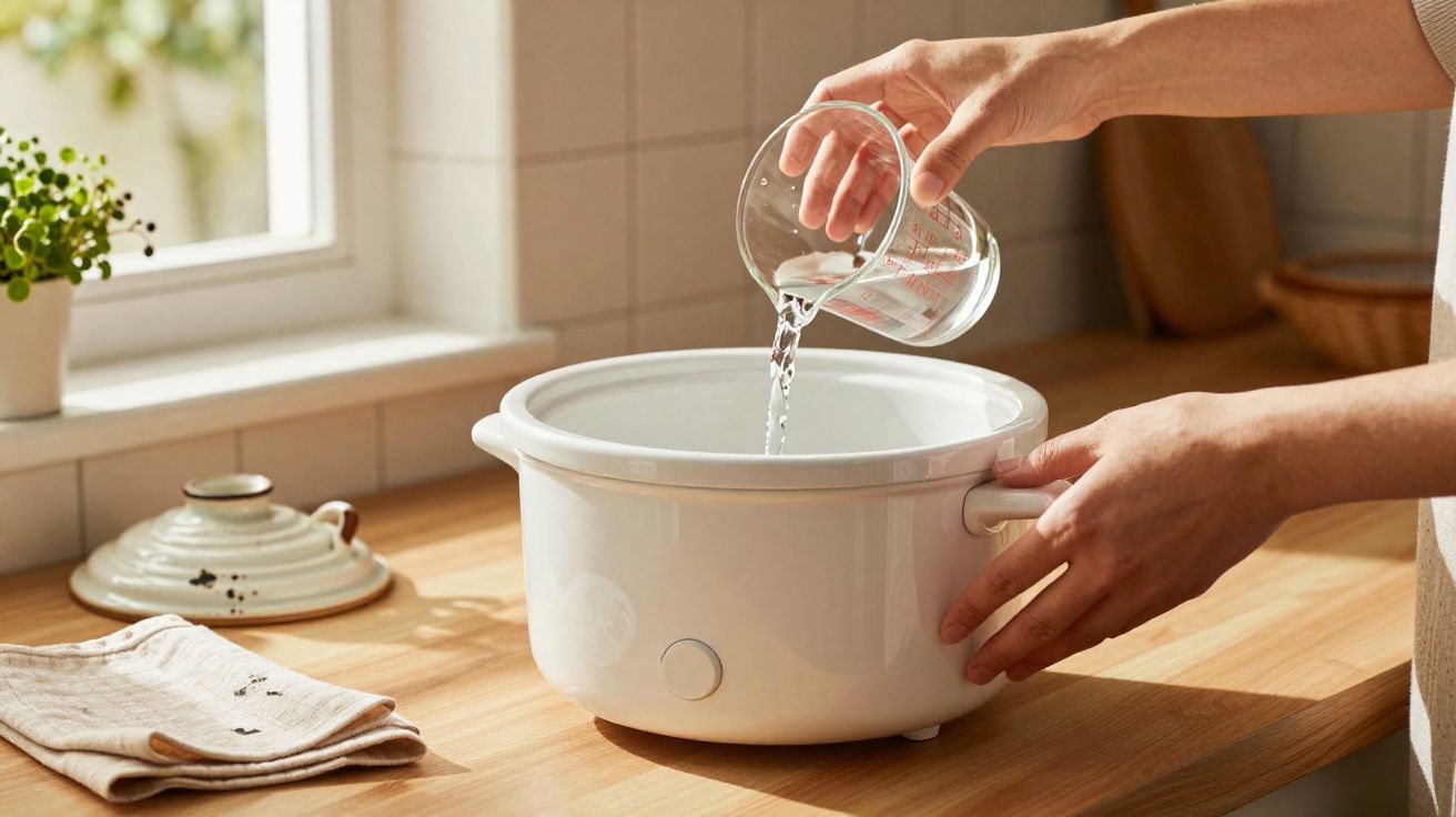 Pessoa despejando líquido em panela elétrica branca sobre bancada de madeira em cozinha iluminada