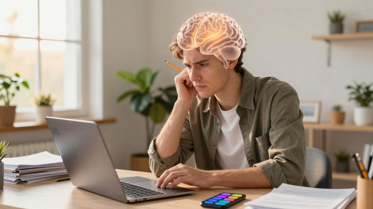 Jovem concentrado estudando no laptop com ilustração de cérebro brilhante acima da cabeça.