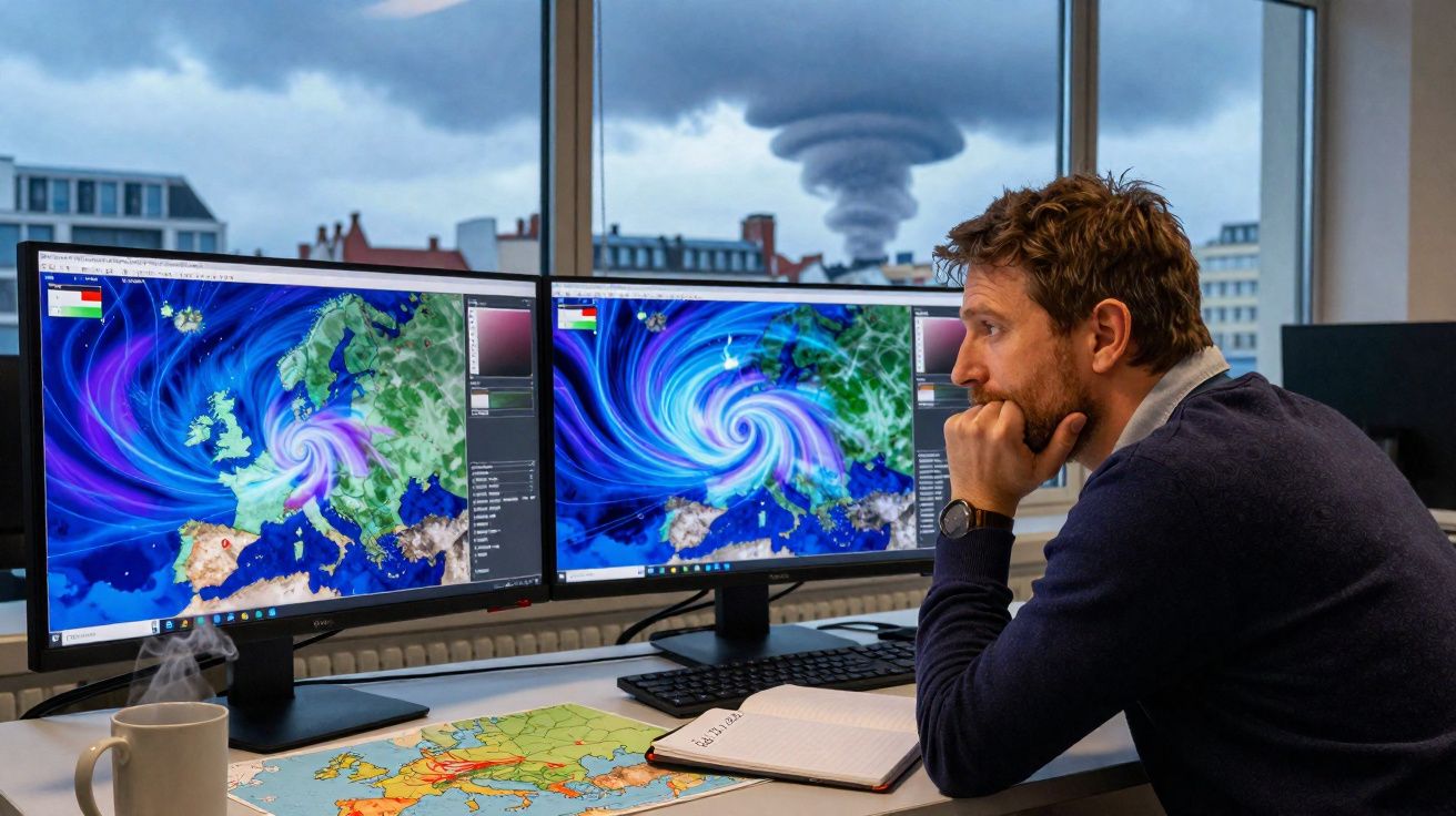 Homem observando duas telas com mapas de tempestades enquanto nuvem em formato de tornado aparece na janela.