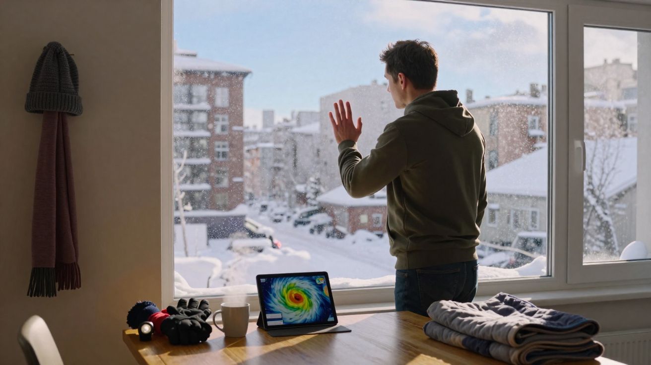 Homem em casa olhando pela janela para rua nevada enquanto tablet exibe imagem de furacão.