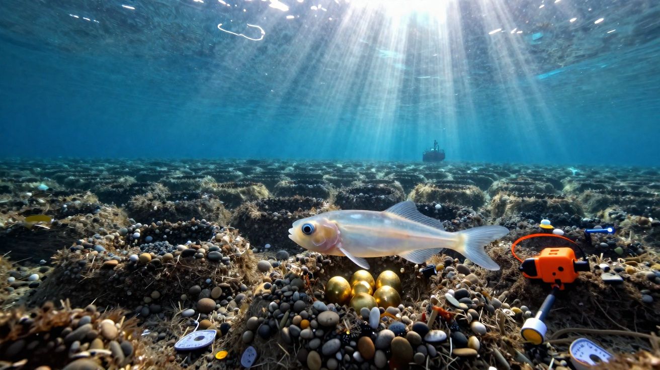 Peixe transparente nadando em criação de ostras subaquática com luz do sol penetrando na água.