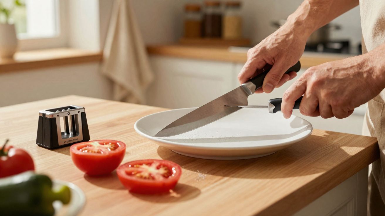 Pessoa afiando uma faca com afiador na cozinha, com tomates cortados na bancada de madeira.