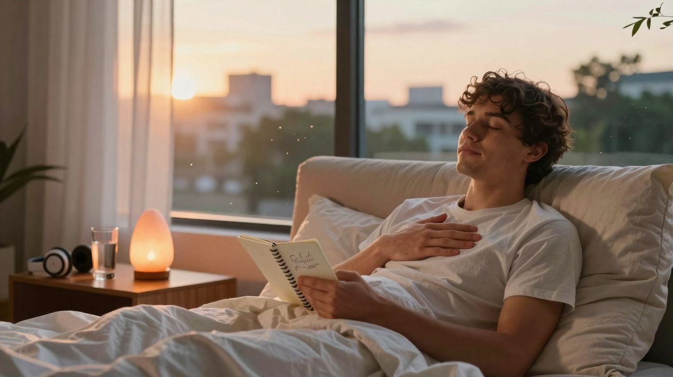 Jovem relaxando na cama segurando um caderno, ao entardecer, com luz suave e janela ao fundo.